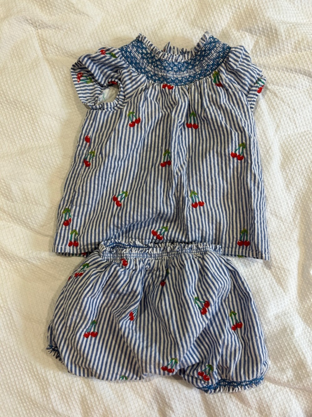 Baby Boden Blue & White Striped Cherry Smocked Matching Set